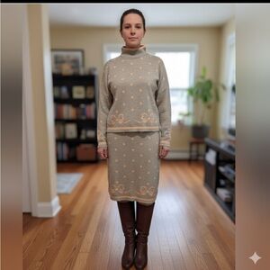 Elegant Beige Polka Dot & Bow‎ Sweater Dress